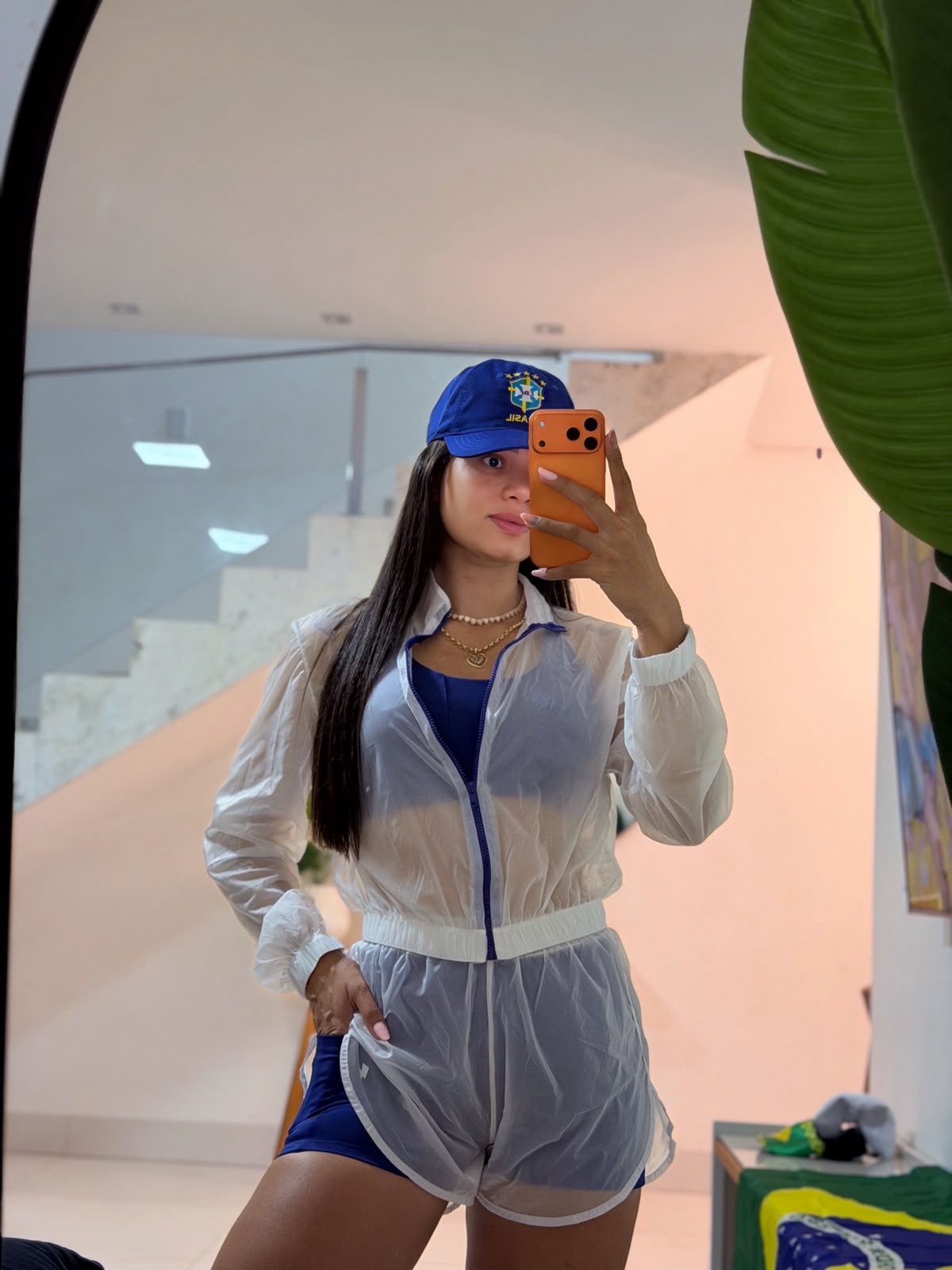 Conjunto Short Duplo, Top e Corta Vento Azul Marinho